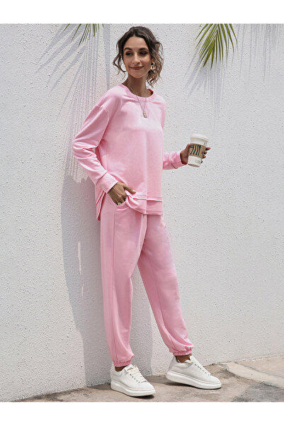 FridayIn Home style Round neck Solid color Splicing Regular sleeve Pants Suits