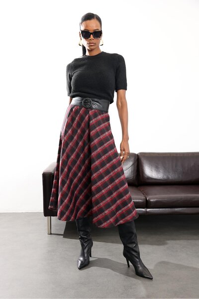5in1Canpolat Burgundy Plaid Patterned Midi Skirt 4086