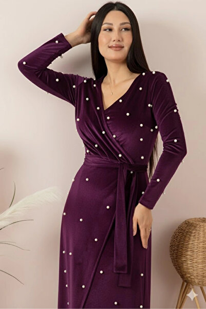 AZRA BUTİK Velvet Pearls Long Evening Dress Purple