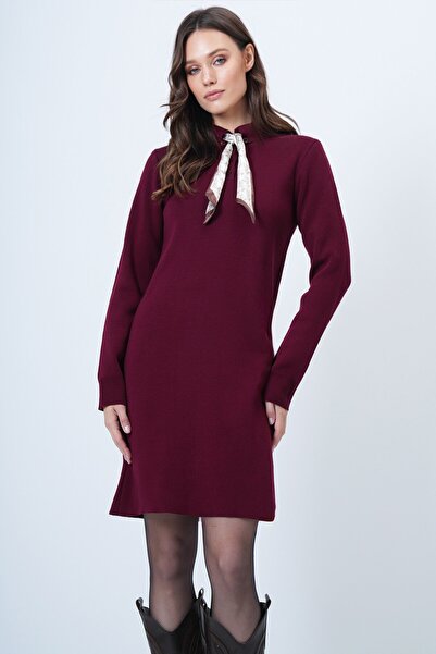 VAGGON Women's Burgundy Scarf Shirt Collar Mini Dress Vs01523