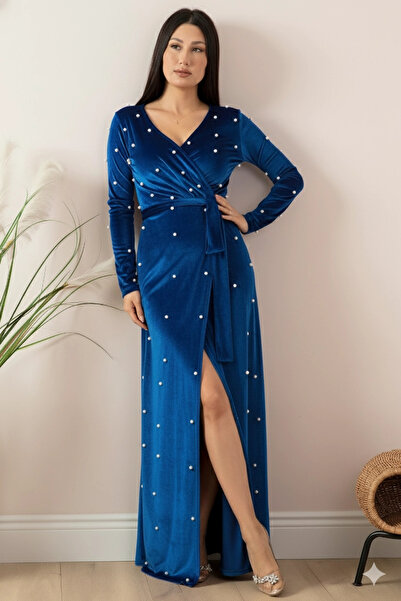 AZRA BUTİK Velvet Pearls Long Evening Dress Blue
