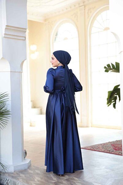 N.S NEVA STYLE Satin Navy Blue Hijab Evening Dress 23821L