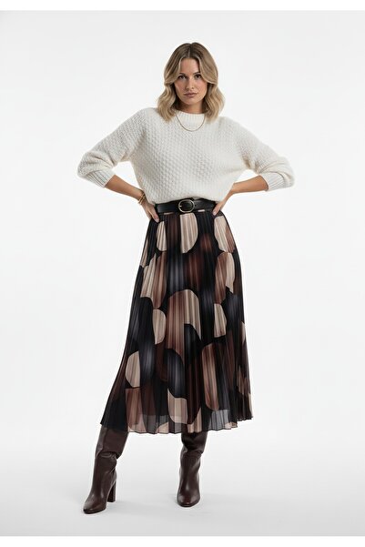 Figl Pleated flared midi skirt - With belt - Black M1253 size XL