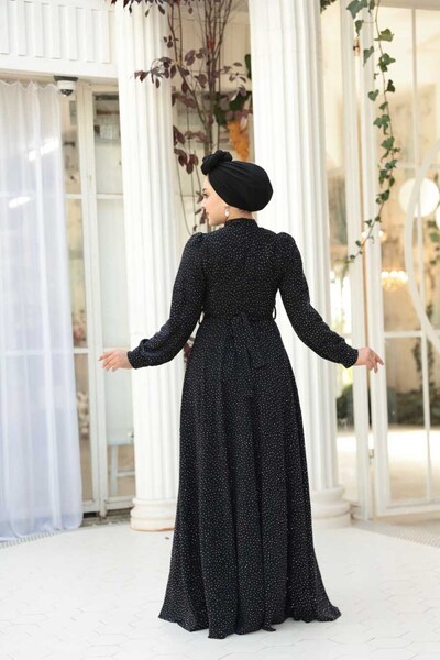 N.S NEVA STYLE Stone Beaded Dark Navy Blue Hijab Dress 23882Kl