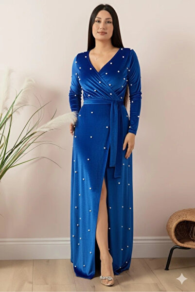 AZRA BUTİK Velvet Pearls Long Evening Dress Blue