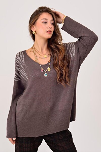 Park Moda 71132 İnce Yaprak Desen Gümüş Taş Detaylı Bluz