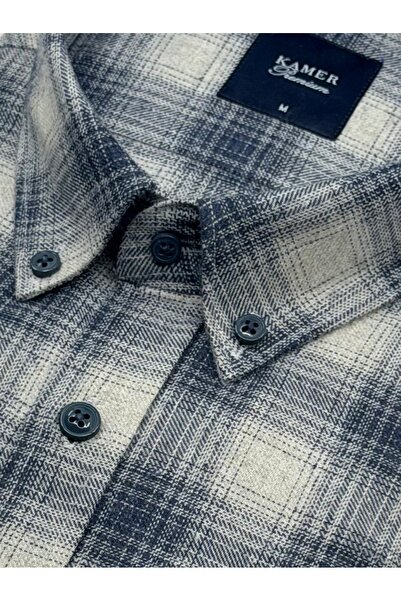 KAMER Regular Fit Winter Long Sleeve Buttoned Collar Plaid Gray Navy Blue Shirt 3872L