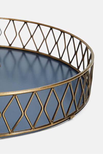 BarCraft Midnight Luxe Drinks Round Tray, Dark Blue/Bronze