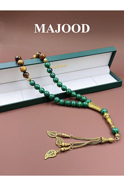 MAJOOD 33 حجر عين النمر مع سبحة صلاة من حجر الملاكيت/سبحة/10 مم/للرجال والنسا...