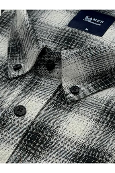 KAMER Regular Fit Winter Long Sleeve Buttoned Collar Plaid Gray Black Shirt 3872S