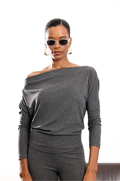 5in1Canpolat Anthracite Asymmetrical Collar Blouse 6176