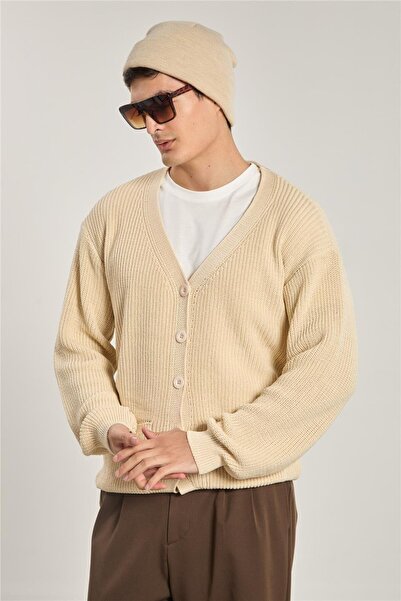 BARRELS AND OIL Men's V-Neck Pocketed Knit Cardigan - Beige
