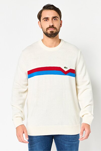 Lacoste Men Crew Neck Embroidered Logo Long Sleeve Sweater, Cream