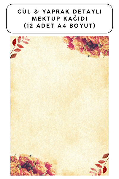Organik Yolda Rose & Leaf Detailed Letter Paper (12 Pieces A4 Size)