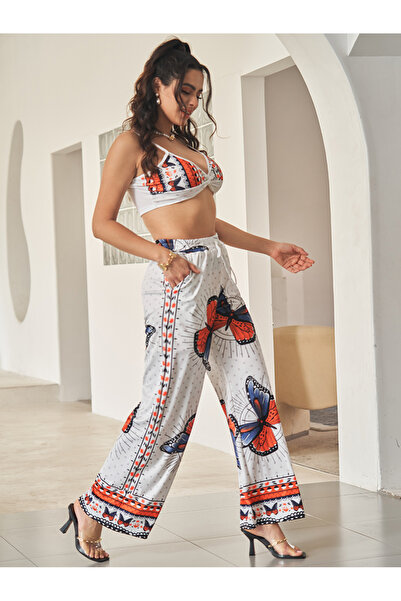 FridayIn Fast fashion Suspender Printing Crossover design Pocket Strapless sleeve Pants Suits