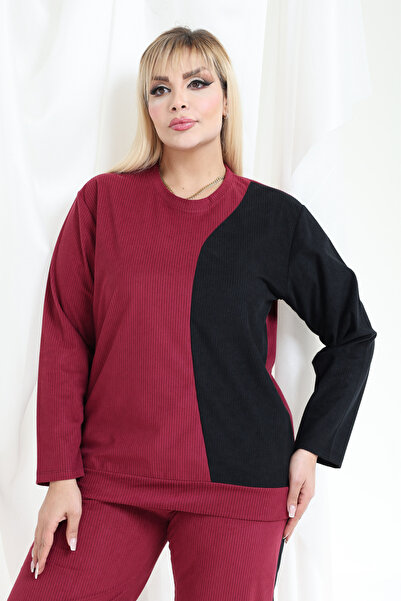 MELSAY Women's Plus Size Velvet Red-Black Color Block Tracksuit Set