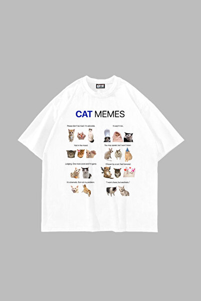 Bak Moda Λευκό μπλουζάκι Unisex Cat Memes με τύπωμα oversized