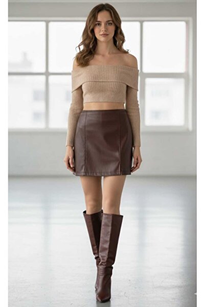 Sensis Şardonlu Mini Deri Şort Etek