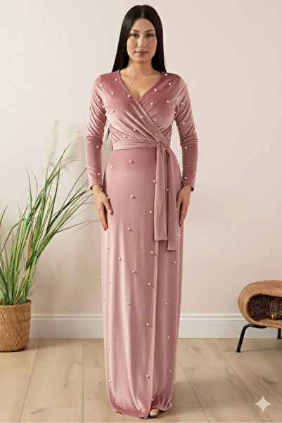 AZRA BUTİK Velvet Pearled Long Evening Dress Powder