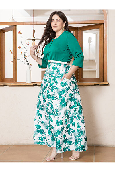 FridayIn Sweet Round neck Color contrast Printing Belt Buttons Regular sleeve Dress Suits