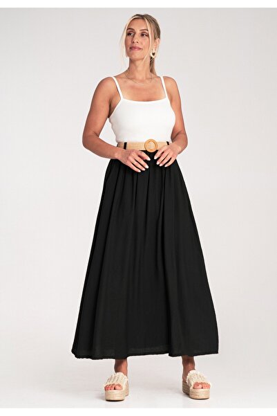 Figl Long flowing skirt - Skirt with elastic waist and belt - Black M1221 size L/XL