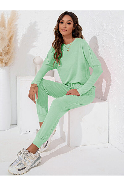 FridayIn Home style Round neck Solid color Waist drawstring Bat sleeve Pants Suits