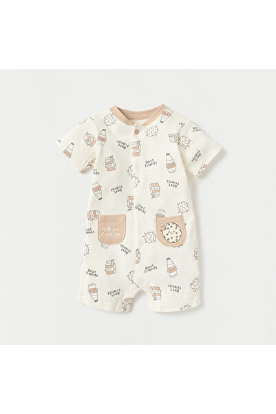 Juniors All-Over Print Romper with Round Neck and Short Sleeves