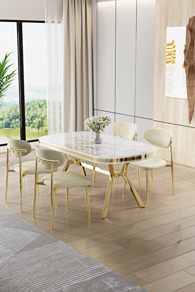 Canisa Olya Serisi 90x168 Lak Panel Beyaz Mermer Desen Masa Takımı Gold Ayakl...