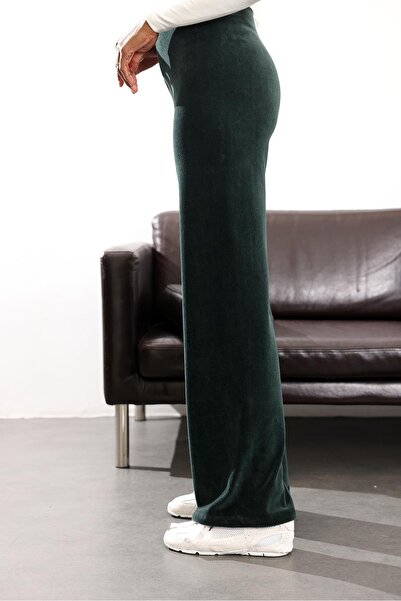 5in1Canpolat Green Velvet Trousers with Elastic Waist 8921