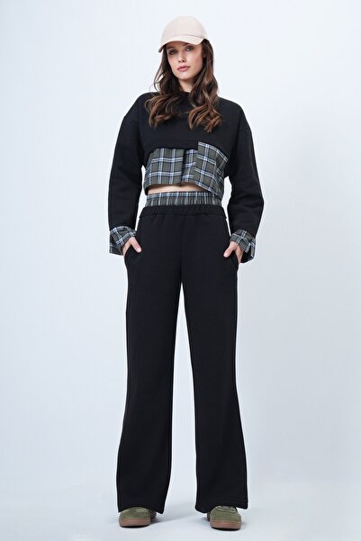 VAGGON Women's Khaki-Black Plaid Detailed Sweatshirt and Wide Leg Pants Set Vs01524