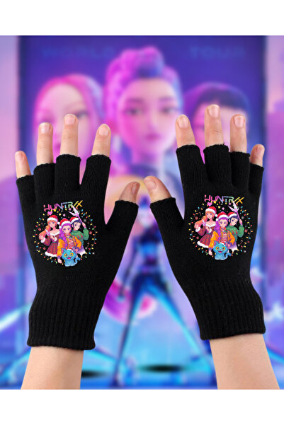 Touz Moda Kpop Demon Hunters Printed Unisex Black Cut Double Gloves