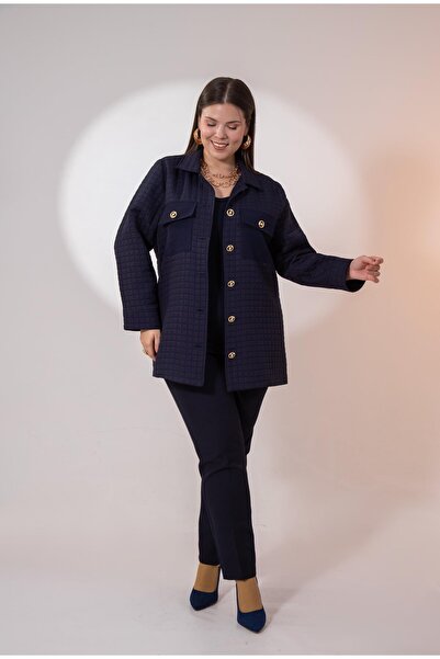 Roxxlen 3330725 Μπουφάν με κουμπιά με λεπτομέρειες και καπιτονέ σε μπλε ναυτικό