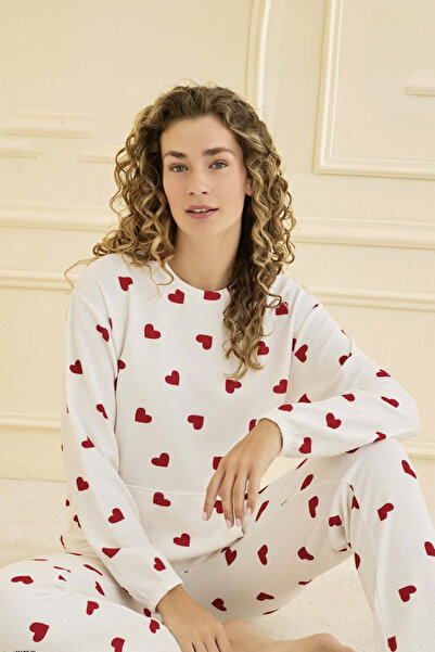 REMSA Women's Waffle Fabric Heart Pattern Pajama Set 70910 Ecru