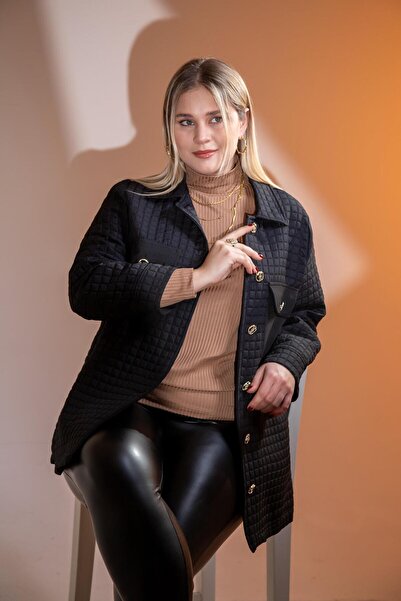 Roxxlen 3330725 Μπουφάν με κουμπιά μεγάλου μεγέθους με καπιτονέ μαύρο