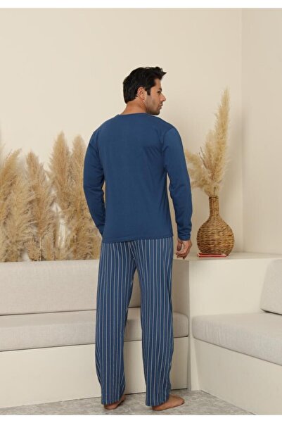 TOSKI Men's striped pocket pajamas, long sleeves and long pants, Blue