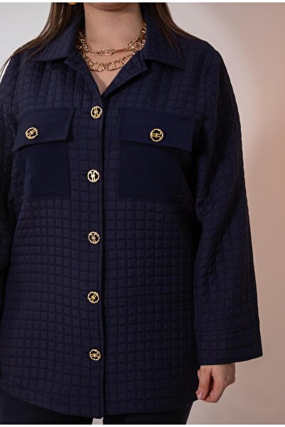 Roxxlen 3330725 Μπουφάν με κουμπιά με λεπτομέρειες και καπιτονέ σε μπλε ναυτικό