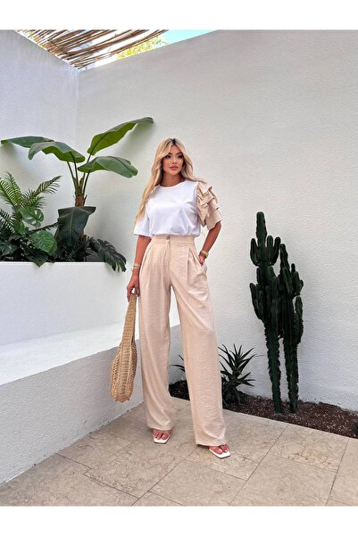 OLSAMODA Women's Sleeve-Detail T-Shirt Woven Casual Pants Double Set