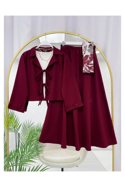 YEDİLALE Combed Cotton Jacket Skirt Dual-Piece Set with Front Tie Collar [Unlined, Jacket and Skirt Are Included in the Price.]