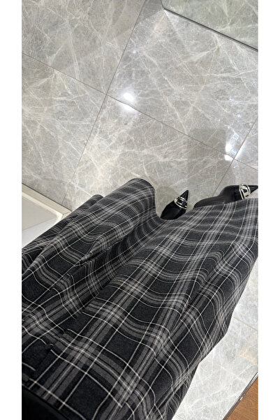 My Blog Anthracite-Grey Plaid Skirt with Leather Strips on the Waist - 4977