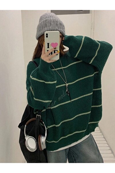 Dier Moda Women's Thin Striped Crew Neck over Size Knitwear Sweater, Knitwear Sweater Fmoda1200