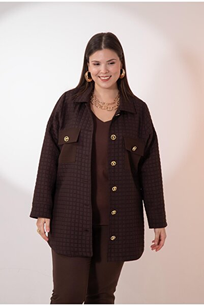 Roxxlen 3330725 Μπουφάν με κουμπιά μεγάλου μεγέθους με καπιτονέ καφέ