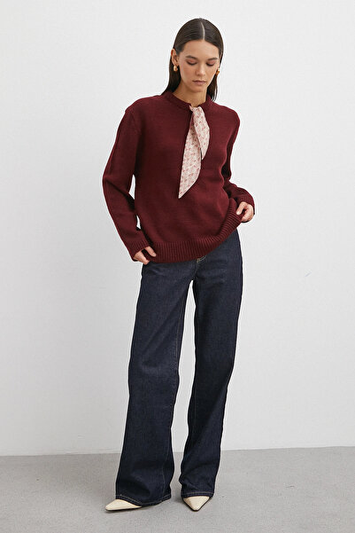 Never more Long Sleeve Sweater with Scarf Burgundy