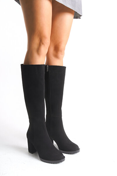 Ayakkabı Delisiyim Cizme de damă din piele intoarsa neagra cu toc gros, cu platforma, cu fermoar, cizme sub genunchi Seli