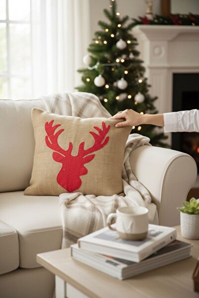 ANJEAHOME Sydney Christmas Patterned Wicker Throw Pillow Cover | 45X45 cm | Embossed Deer Motif | Washable Fabric