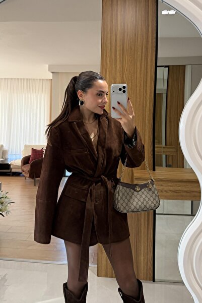 Gizem Ecemiş Morrison Acı Kahve Süet Kuşaklı Blazer Ceket