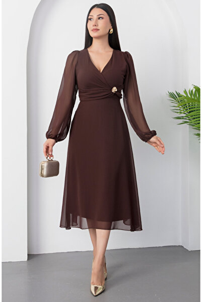 Afiş Butik Кафява дамска рокля с дълъг ръкав, шифон, кръстосана деколте и колан в талията