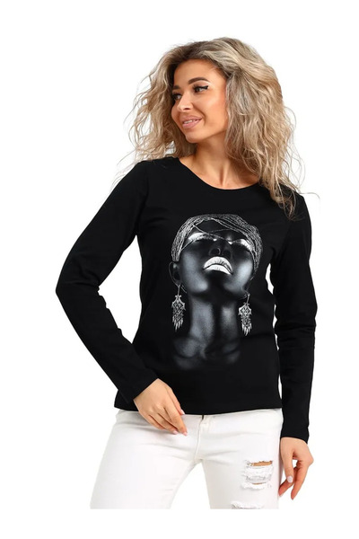 ELNOYA سويت شيرت مريح بأكمام طويلة للجنسين باللون الأسود مطبوع