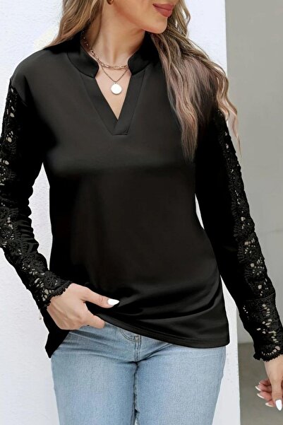 Mossta Hakim Collar Lace Sleeves Imported Crepe Blouse - Black