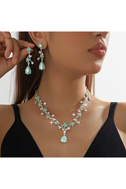 byozanyılmaz طقم أقراط وقلادة بتصميم الحجر الأخضر