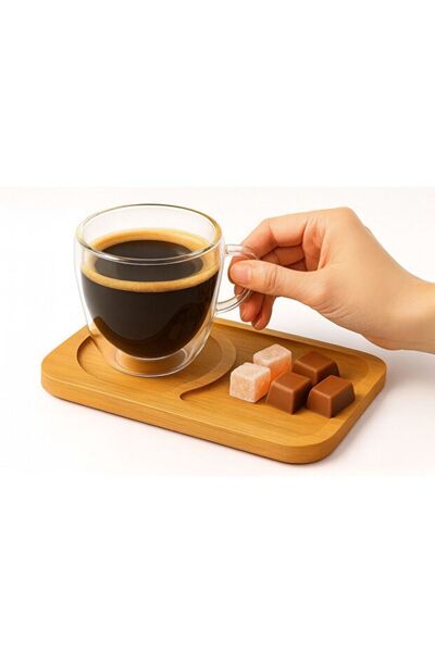 HUBBYCHEF 4-Person Double-Walled Cup and Saucer Espresso Tea Coffee Cup Set with Bamboo Saucer